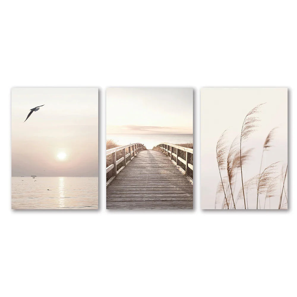 Summer Seascape Coastal Landscape Canvas Wall Art Set of 3