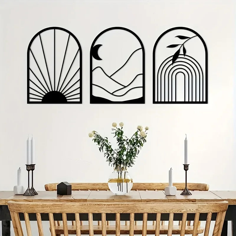 Set of 3 Sun Moon Botanical Silhouette Black Metal Wall Art