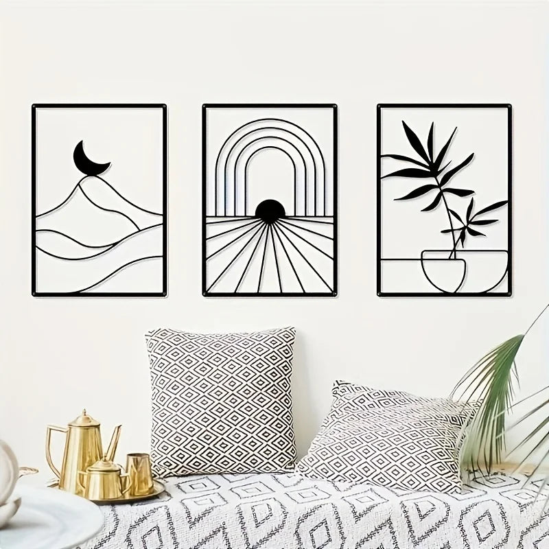 Set of 3 Sun Moon Botanical Silhouette Black Metal Wall Art