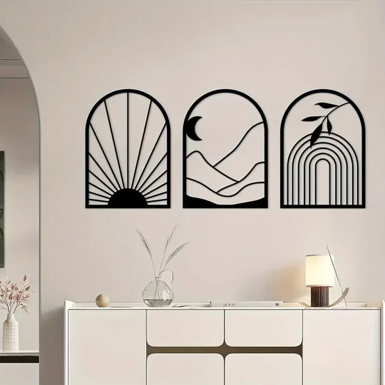 Set of 3 Sun Moon Botanical Silhouette Black Metal Wall Art