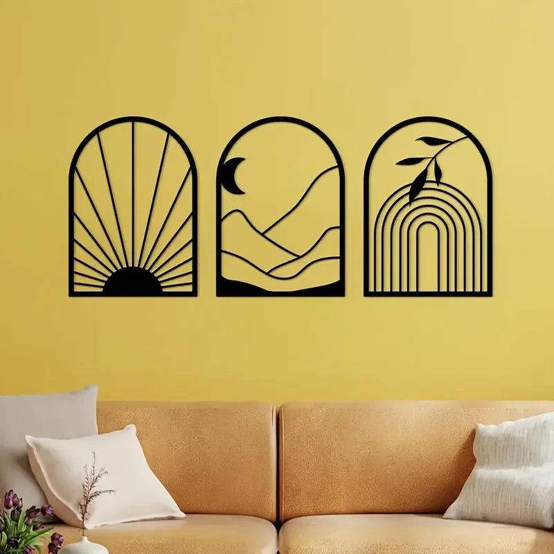 Set of 3 Sun Moon Botanical Silhouette Black Metal Wall Art