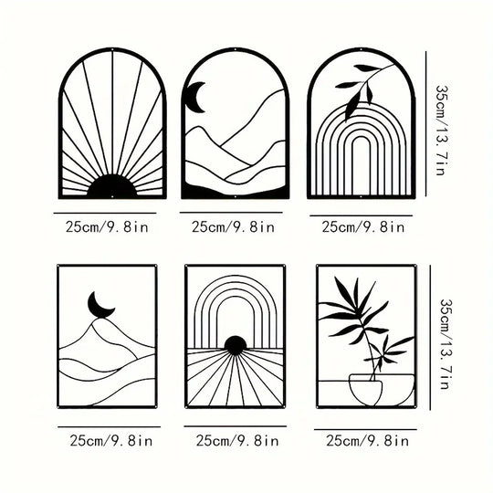 Set of 3 Sun Moon Botanical Silhouette Black Metal Wall Art