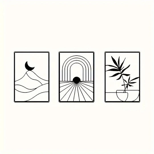 Set of 3 Sun Moon Botanical Silhouette Black Metal Wall Art
