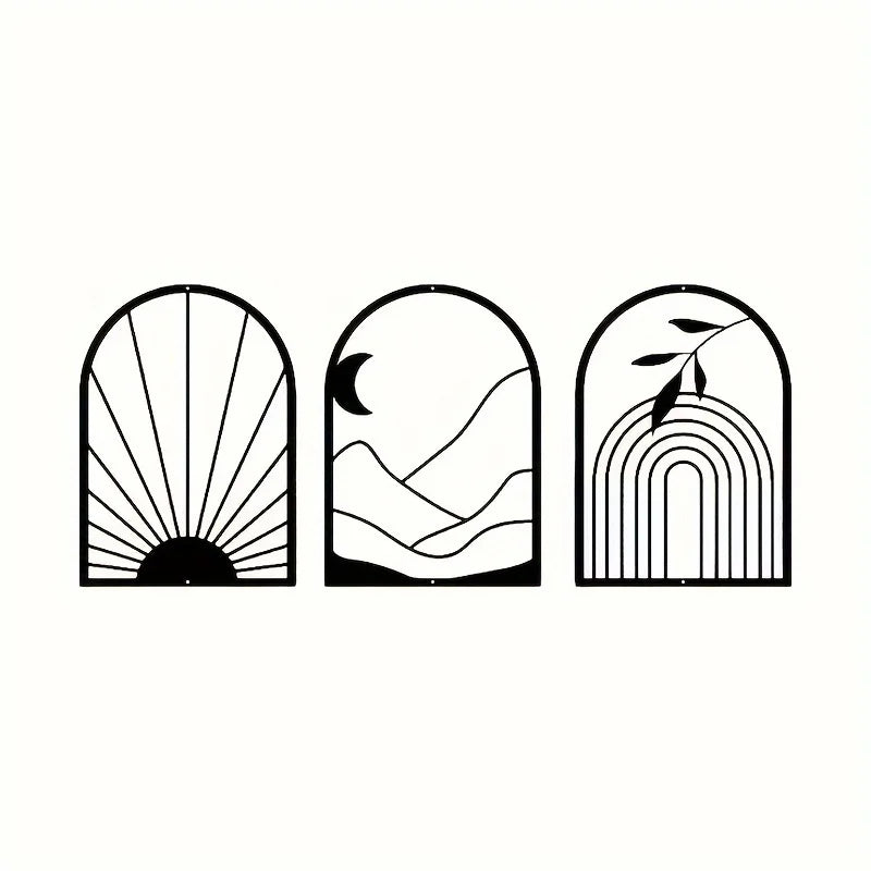 Set of 3 Sun Moon Botanical Silhouette Black Metal Wall Art