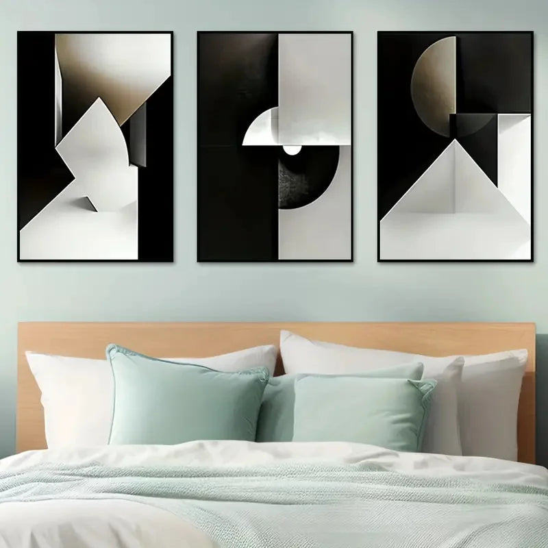 Modern Black Grey Geometric Abstract Canvas Wall Art Set of 3