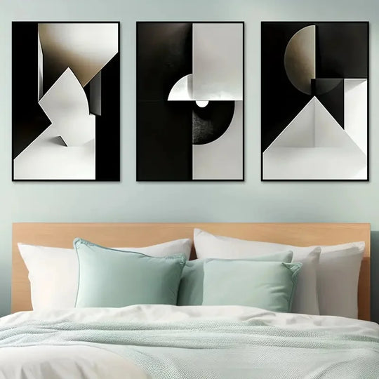 Modern Black Grey Geometric Abstract Canvas Wall Art Set of 3