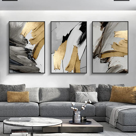 Set of 3 Thick Brush Grey Golden Abstract Canvas Wall Art