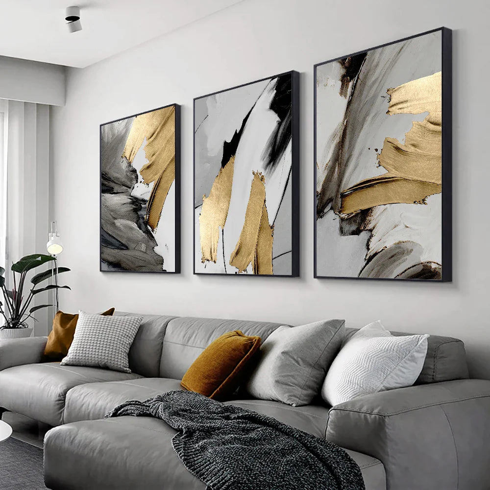 Set of 3 Thick Brush Grey Golden Abstract Canvas Wall Art