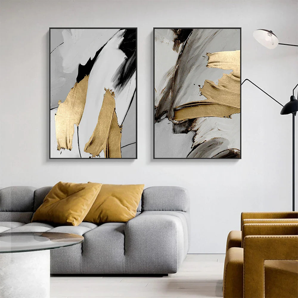 Set of 3 Thick Brush Grey Golden Abstract Canvas Wall Art