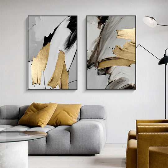 Set of 3 Thick Brush Grey Golden Abstract Canvas Wall Art