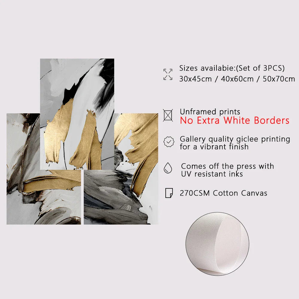 Set of 3 Thick Brush Grey Golden Abstract Canvas Wall Art