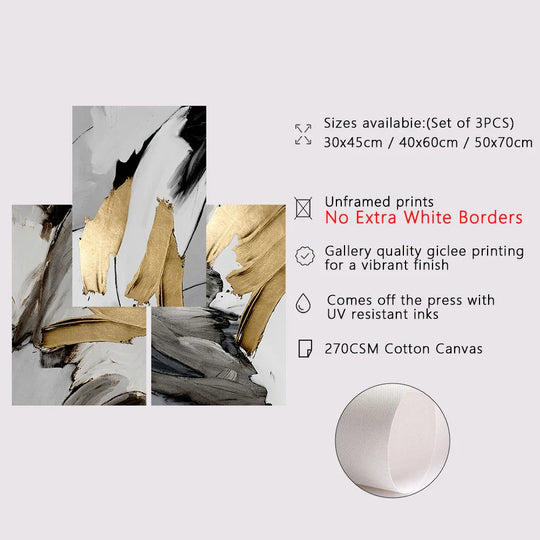 Set of 3 Thick Brush Grey Golden Abstract Canvas Wall Art