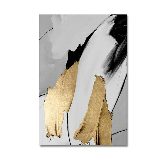 Set of 3 Thick Brush Grey Golden Abstract Canvas Wall Art