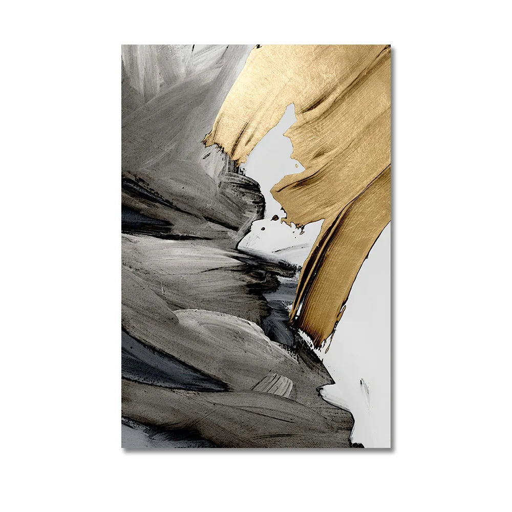 Set of 3 Thick Brush Grey Golden Abstract Canvas Wall Art