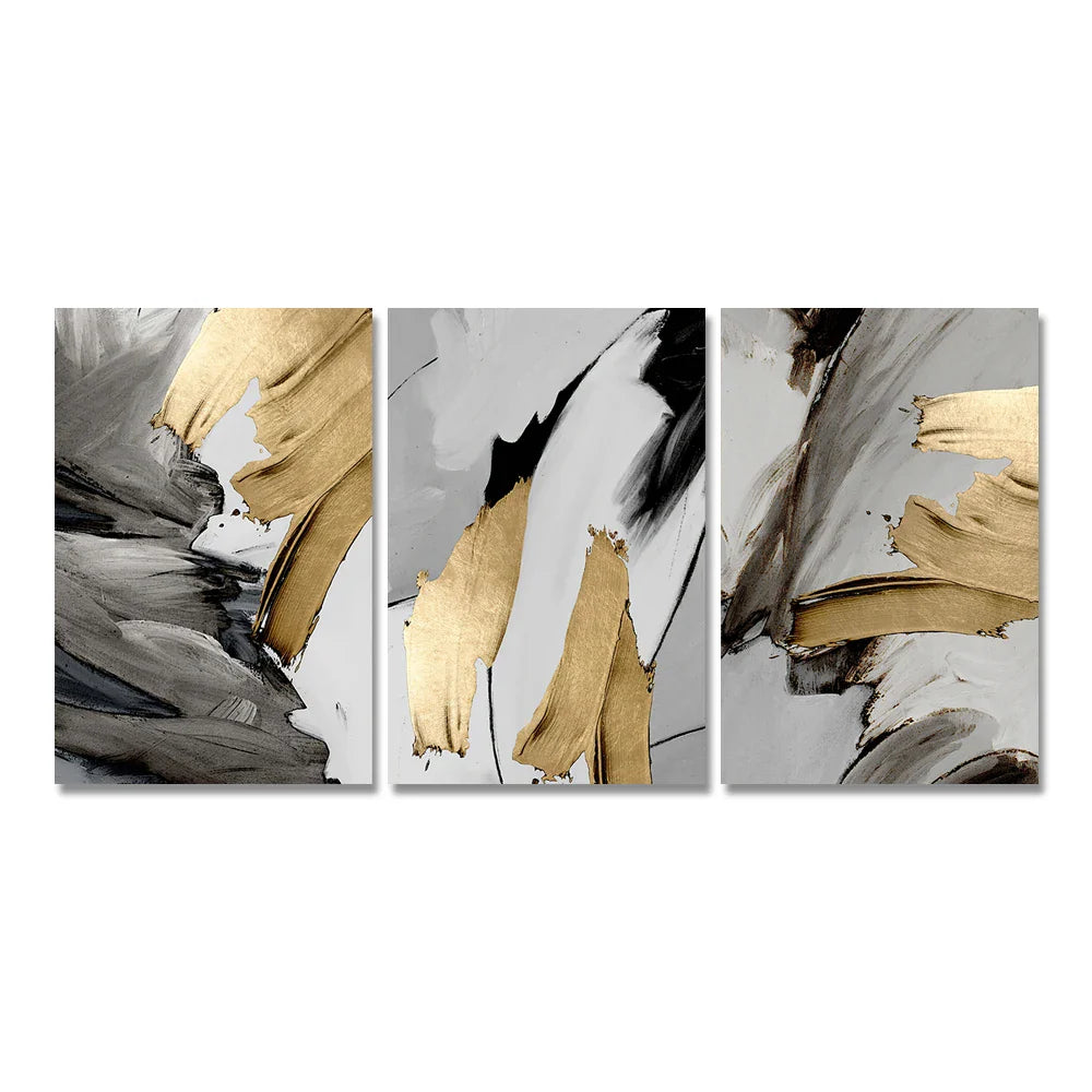 Set of 3 Thick Brush Grey Golden Abstract Canvas Wall Art