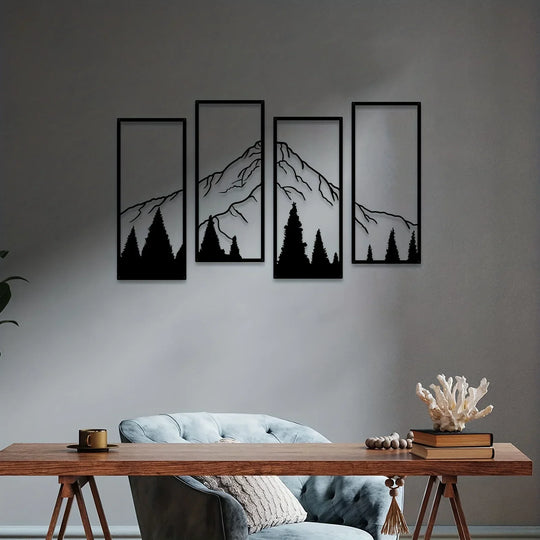 Set of 4 Forest Mountain Landscape Black Metal Wall Art