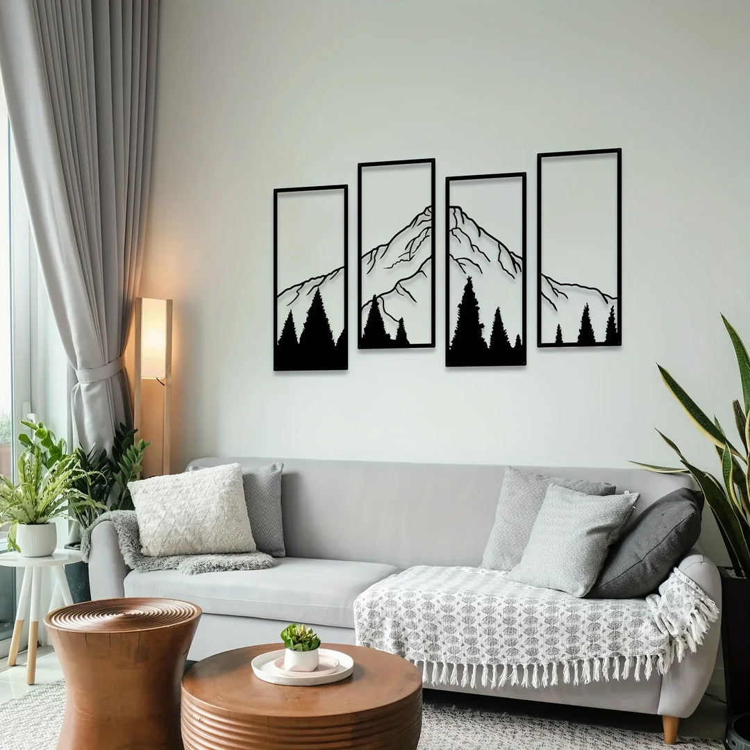 Set of 4 Forest Mountain Landscape Black Metal Wall Art