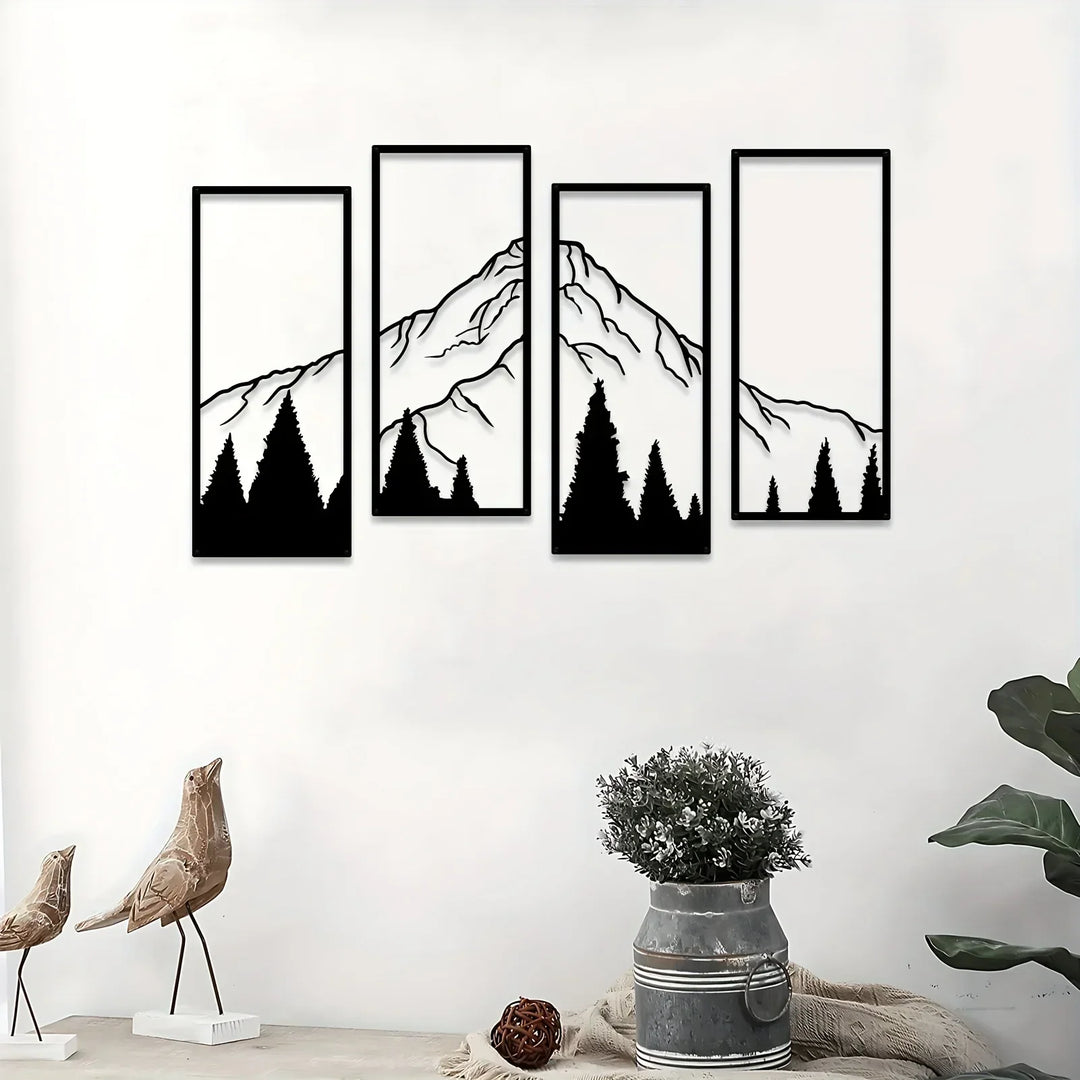 Set of 4 Forest Mountain Landscape Black Metal Wall Art