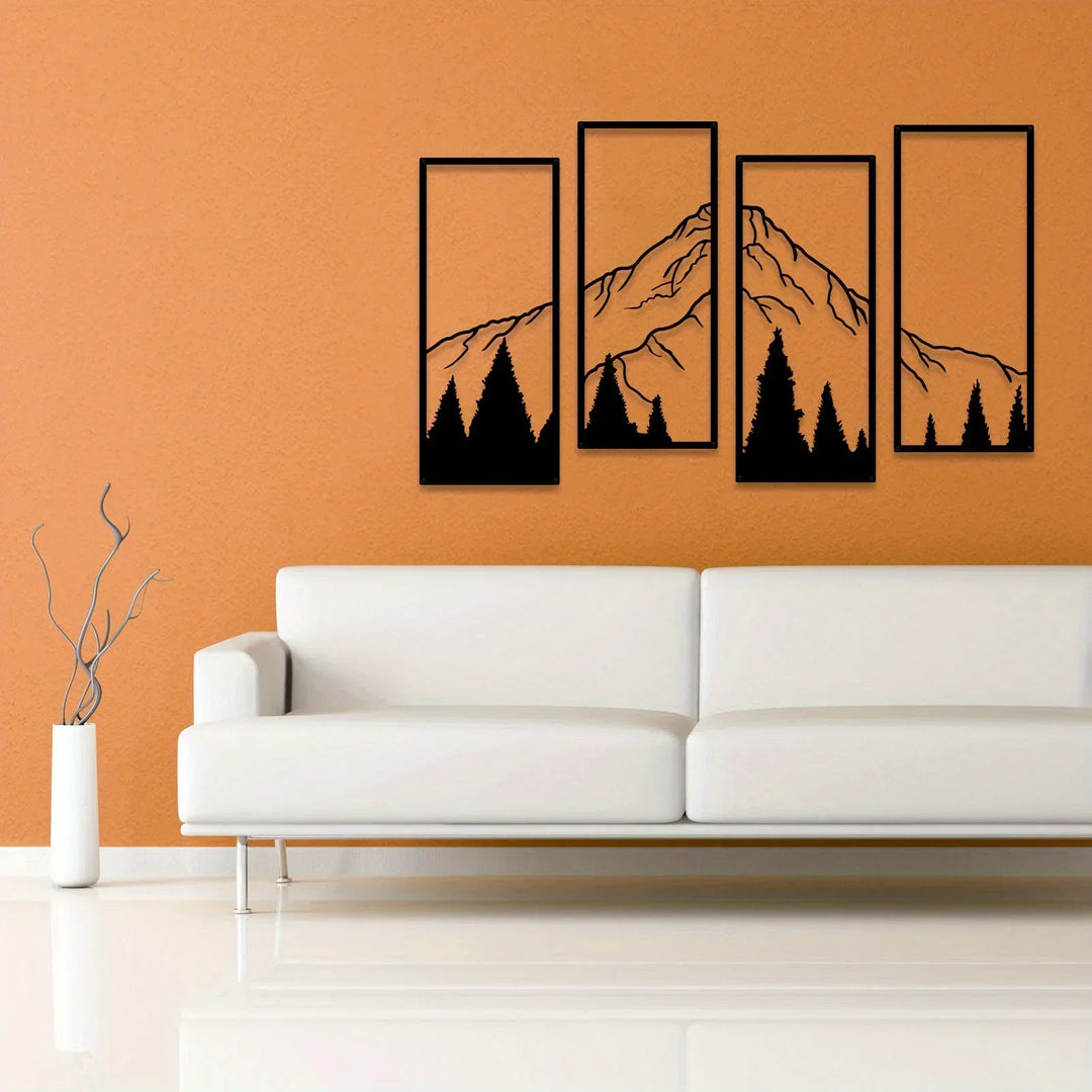 Set of 4 Forest Mountain Landscape Black Metal Wall Art
