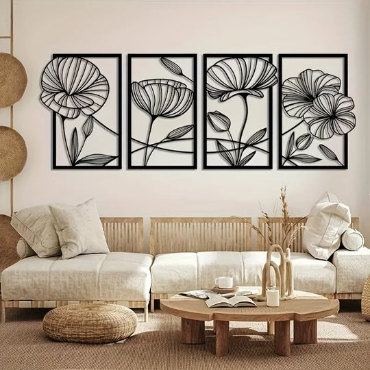 Set of 4 Modern Floral Black Metal Wall Art Plaques