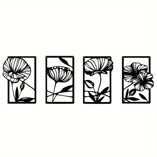 Set of 4 Modern Floral Black Metal Wall Art Plaques