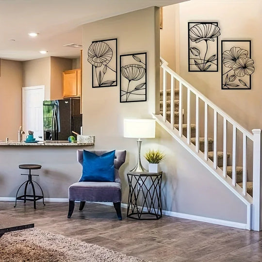 Set of 4 Modern Floral Black Metal Wall Art Plaques