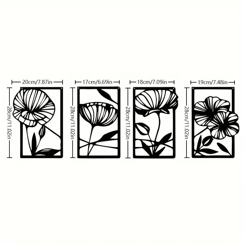Set of 4 Modern Floral Black Metal Wall Art Plaques