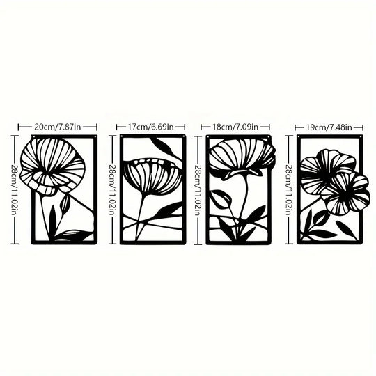 Set of 4 Modern Floral Black Metal Wall Art Plaques