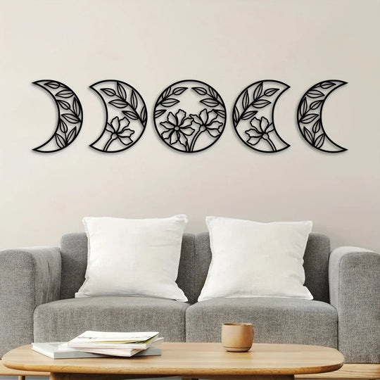 Set of 5 Flower Moon Phases Black Metal Wall Art