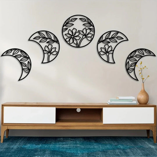 Set of 5 Flower Moon Phases Black Metal Wall Art