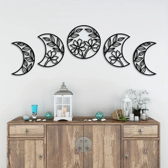 Set of 5 Flower Moon Phases Black Metal Wall Art