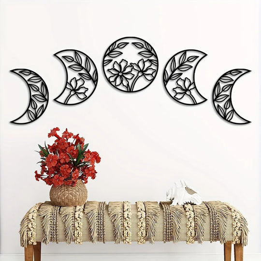 Set of 5 Flower Moon Phases Black Metal Wall Art