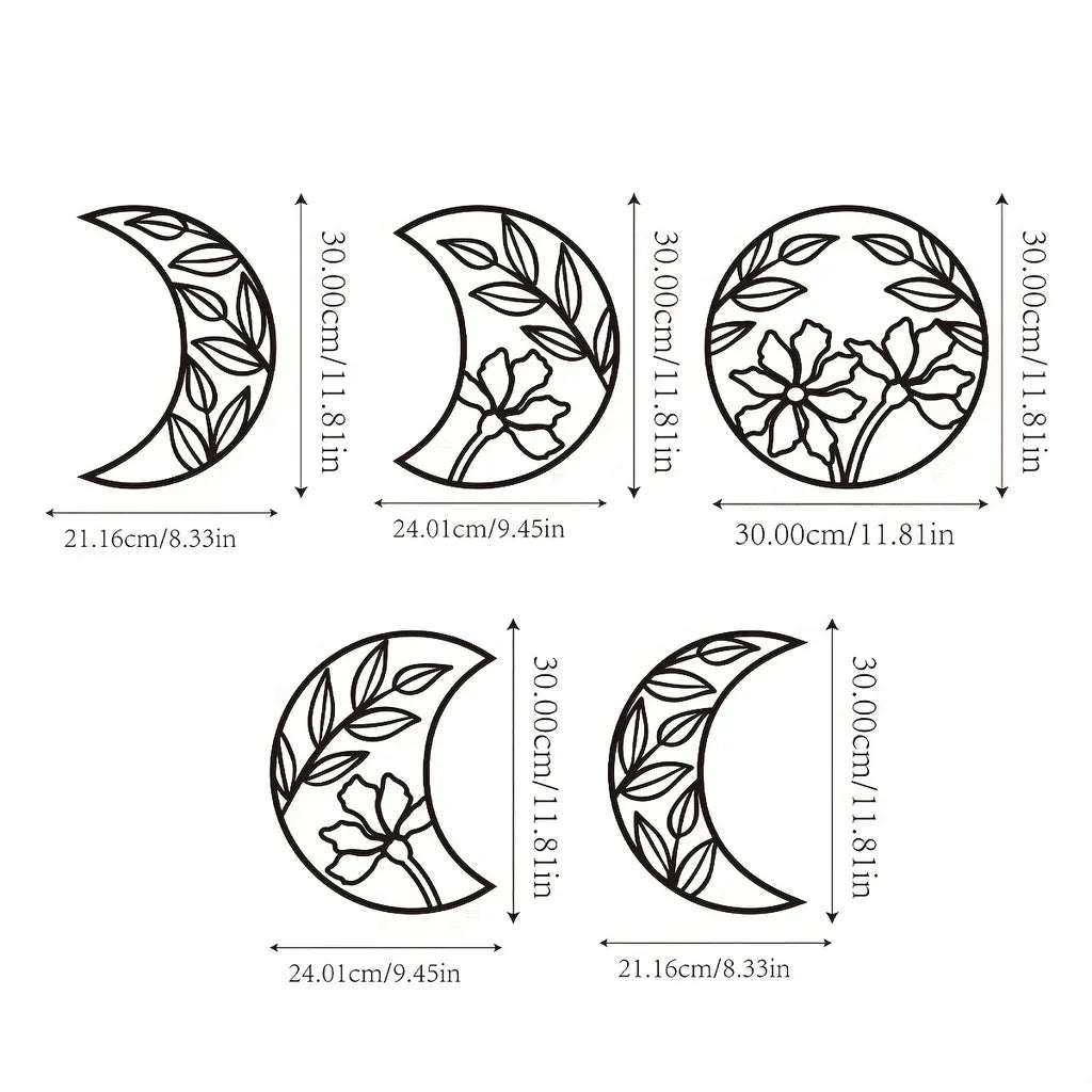 Set of 5 Flower Moon Phases Black Metal Wall Art