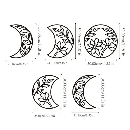Set of 5 Flower Moon Phases Black Metal Wall Art