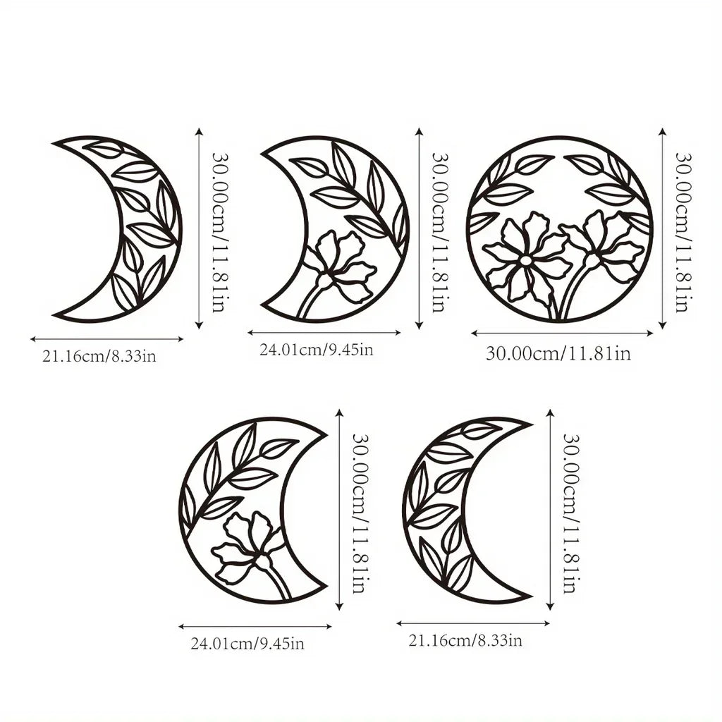 Set of 5 Flower Moon Phases Black Metal Wall Art