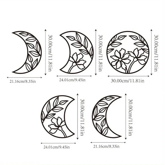Set of 5 Flower Moon Phases Black Metal Wall Art