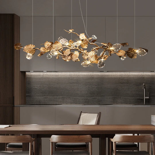 Luxury Copper Branch Chandelier with Leaf Crystal Pendant Lights