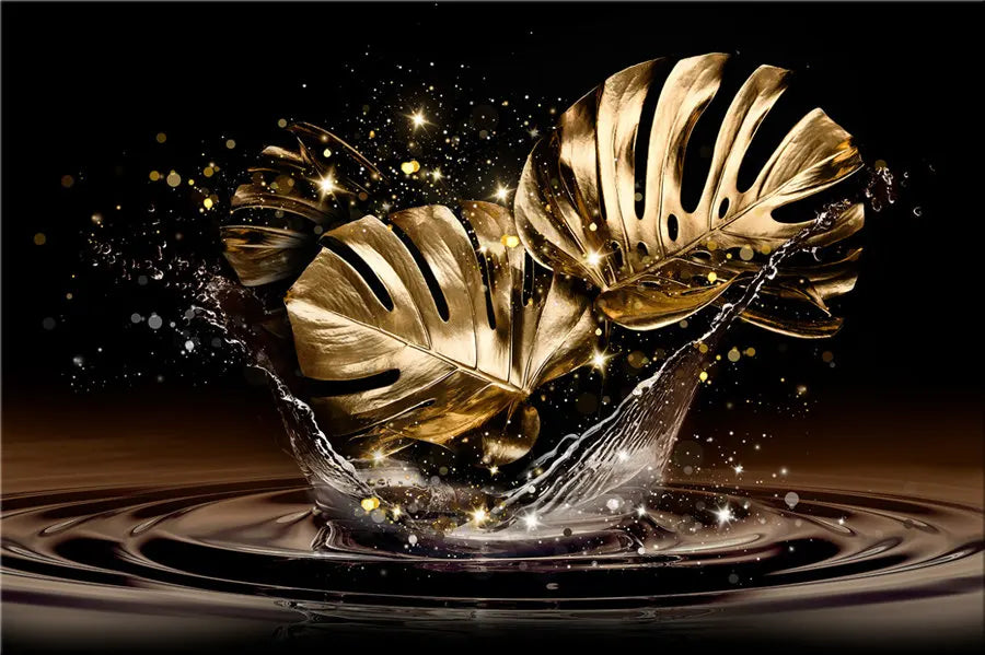 Black Golden Leaves Abstract Botanical Canvas Wall Art Unframed