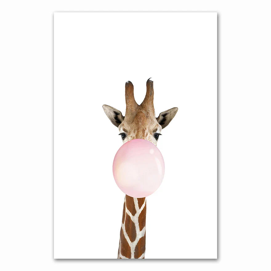 Baby Animals Pink Bubble Gum Nursery Canvas Wall Art