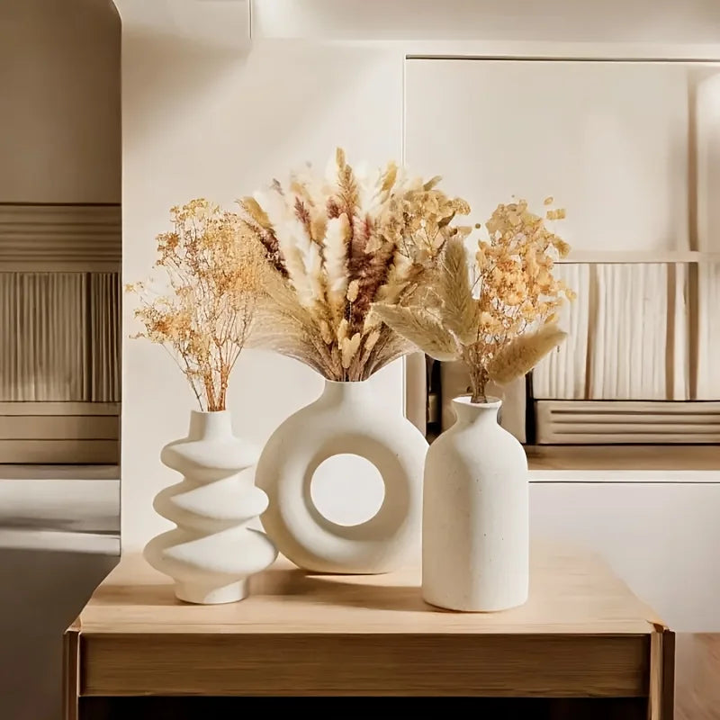 Set of 3 White Ceramic Decorative Vases for Home Styling