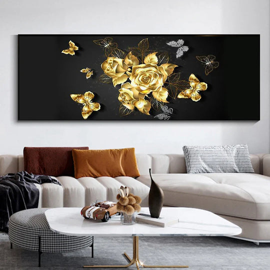 Black Golden Rose Floral Wide Format Canvas Wall Art