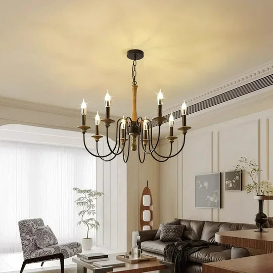 Nordic Retro Solid Wood & Wrought Iron Candle Chandelier – Art Deco Pendant Light