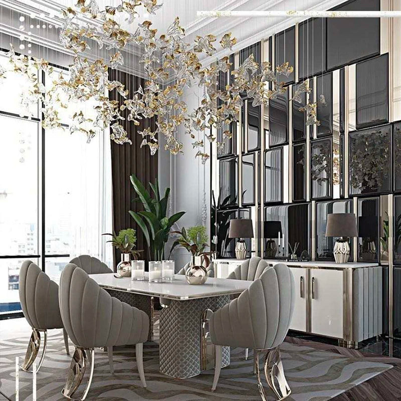 Modern Glass Leaf Pendant Chandelier – Clear & Gold Suspension Light