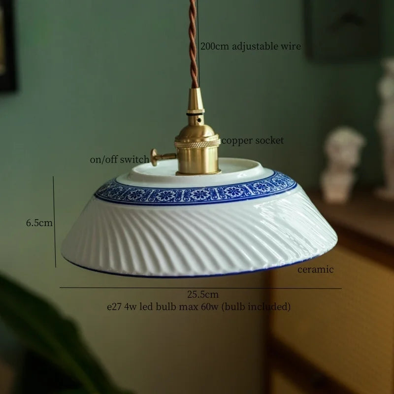Patterned Ceramic Pendant Lamp with Vintage Copper Finish