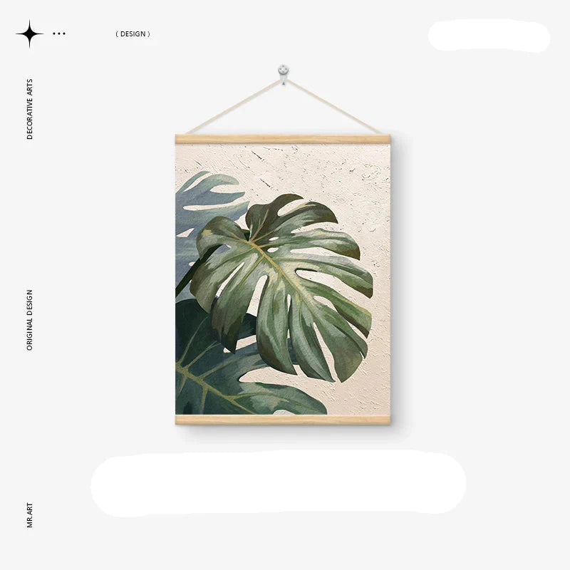 Modern Botanical Green Leaves Canvas Wall Art With Wooden Scroll Frame
