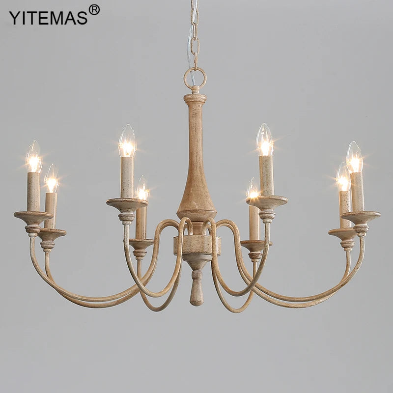 French Vintage Wooden Chandelier – Multi-Light Pendant for Living & Dining Rooms