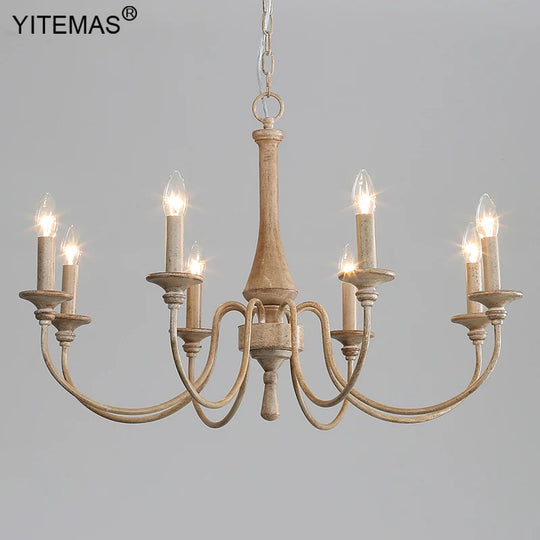 French Vintage Wooden Chandelier – Multi-Light Pendant for Living & Dining Rooms