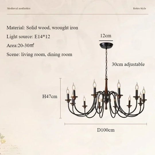 Nordic Retro Solid Wood & Wrought Iron Candle Chandelier – Art Deco Pendant Light