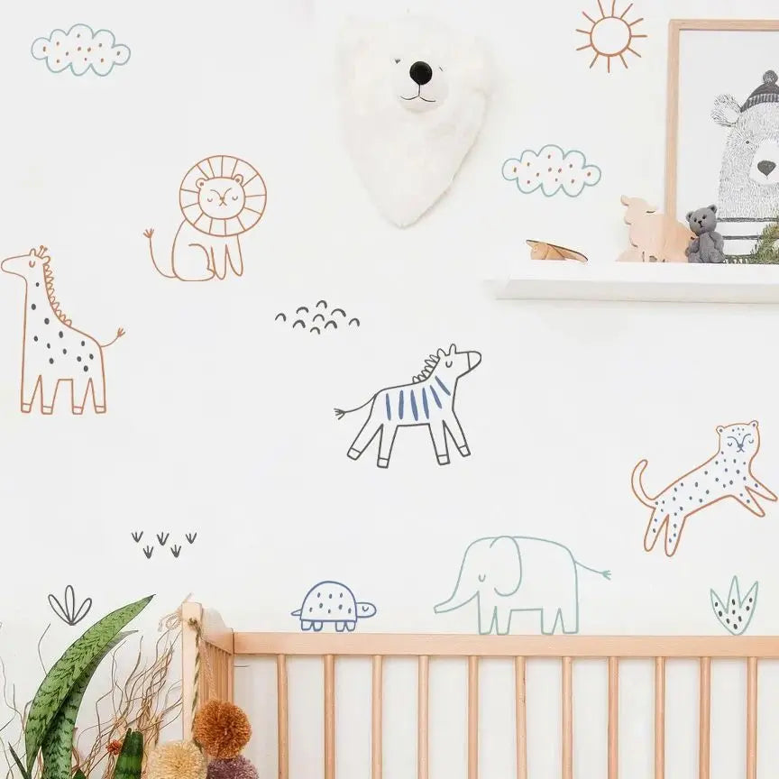 Simple Colorful Line Art Animal Wall Decals For Kids Room