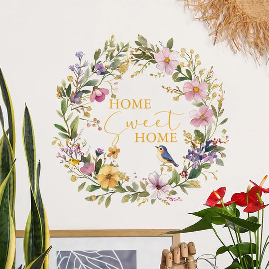 Soft Pastel Floral Bird Wreath Home Sweet Home Wall Decal